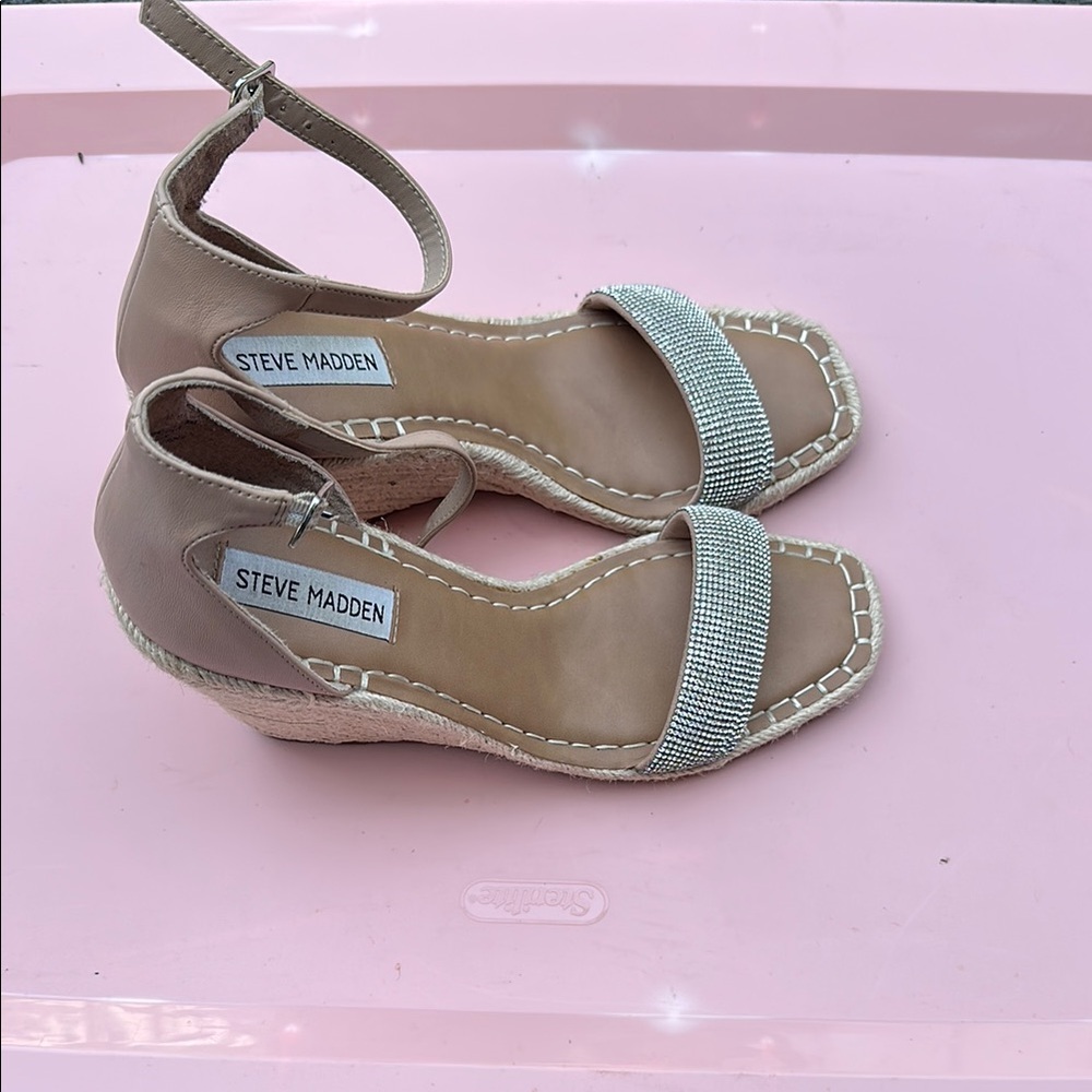 Steve Madden Tan and Silver Wedge Sandals with Ankle Strap